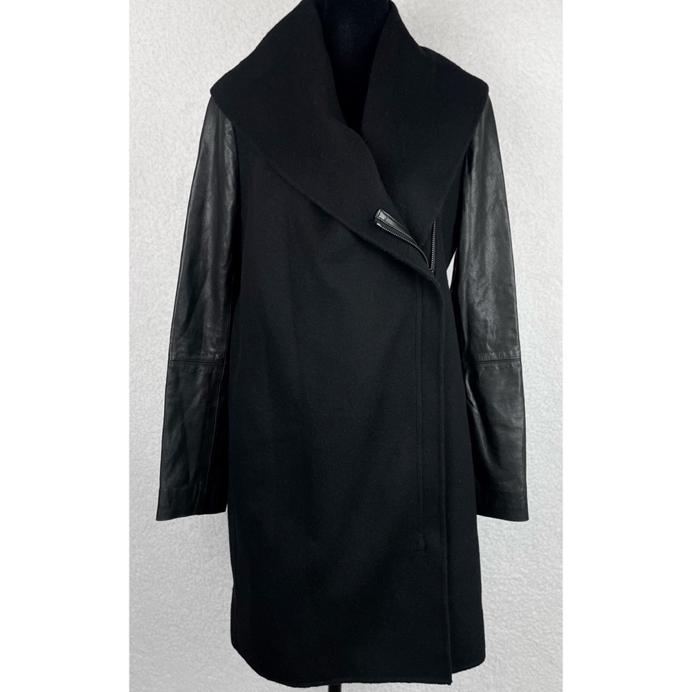 VINCE • Black Leather-Sleeve Shawl Collar Wool Trench Coat, XS - Picture 8 of 15